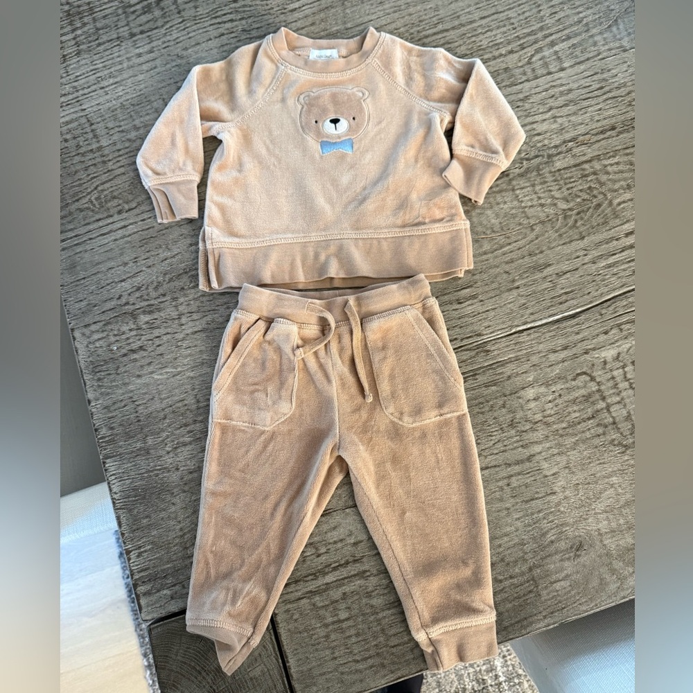 Angel Dear Velour Sweat set jogger teddy bear size 6-12 months tan & blue